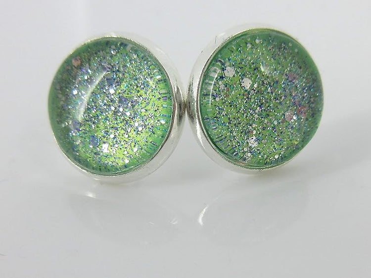 Summerfield Collection Silver-tone Duo Stud Earrings Hand-painted Mint Green Twinkle Glitter Glass Faux Druzy Stone 12mm