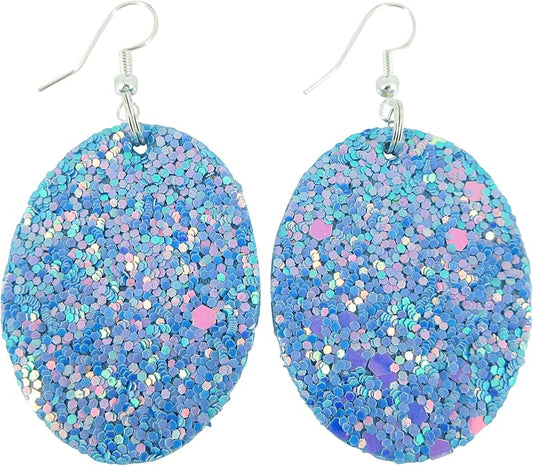 Summerfield Collection Silver-tone Glitter Faux Leather Oval Dangle Earrings (Sky Blue AB)
