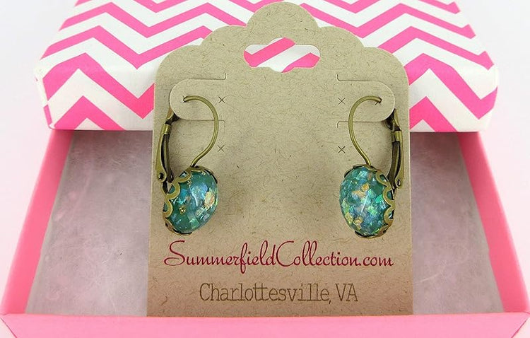 Summerfield Collection Antiqued Gold-tone Opalescent Leaf Resin Lever-back Drop Earrings (Green)
