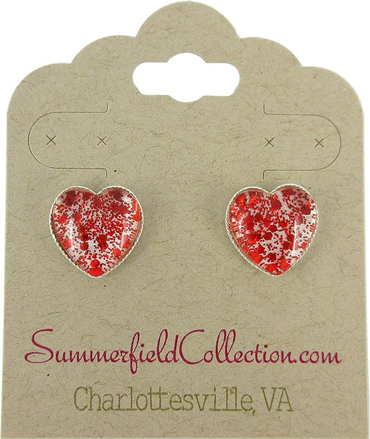 Summerfield Collection Silver-tone Glitter Glass Heart Stud Earrings Red Hand-painted