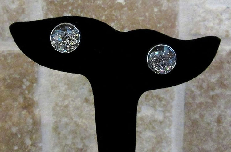 Summerfield Collection Silver-tone Black Holographic Glitter Glass Galaxy Stud Earrings Hand-painted 12mm