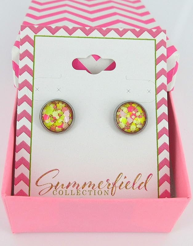 Summerfield Collection Stainless Steel Strawberry Lemonade Glitter Glass Stud Earrings Hand-painted 10mm