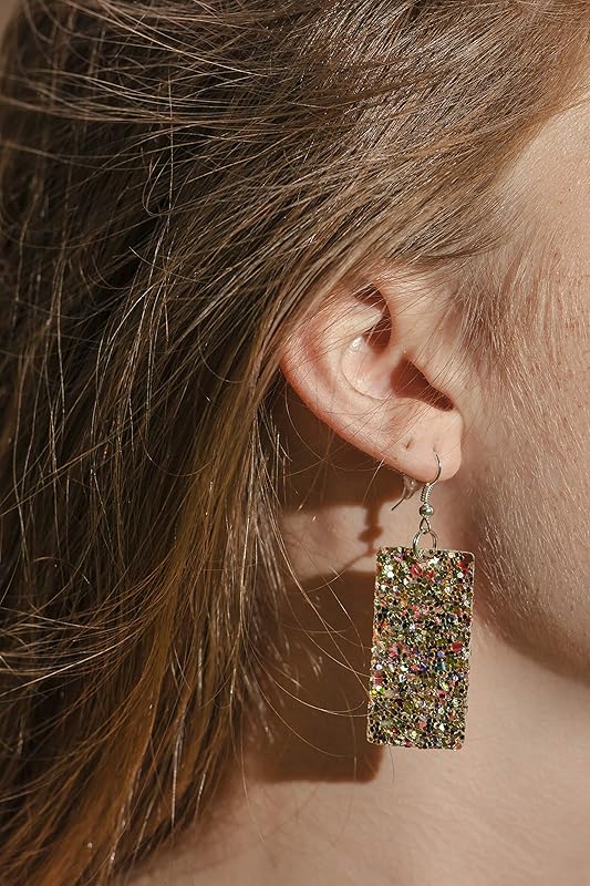 Summerfield Collection Silver-tone Glitter Faux Leather Large Rectangle Dangle Earrings (Gold and Rainbow)