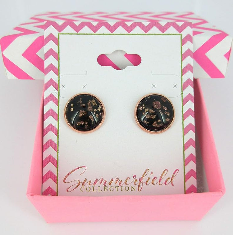 Summerfield Collection Rose Gold-tone Black Spotted Glitter Glass Stud Earrings Hand-painted 12mm