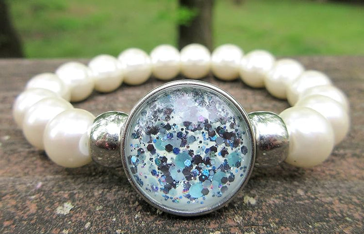 Summerfield Collection Interchangeable Snap Bracelet 3 Charm Set Mint Glitter Glass Faux Pearl Stretch