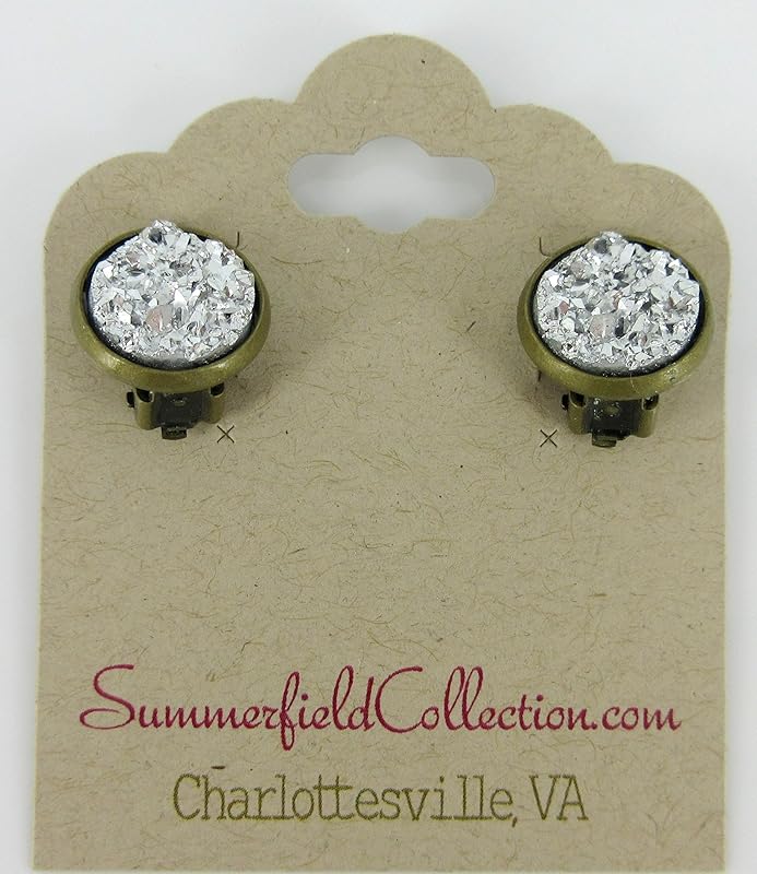 Summerfield Collection CLIP-ON Antiqued Gold-tone Faux Druzy Stone Stud Earrings 12mm (Silver Metallic)