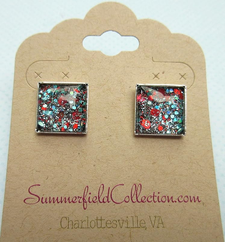 Summerfield Collection Silver-tone Aqua Blue and Red Glitter Glass Stud Earrings Hand-painted Square 12mm