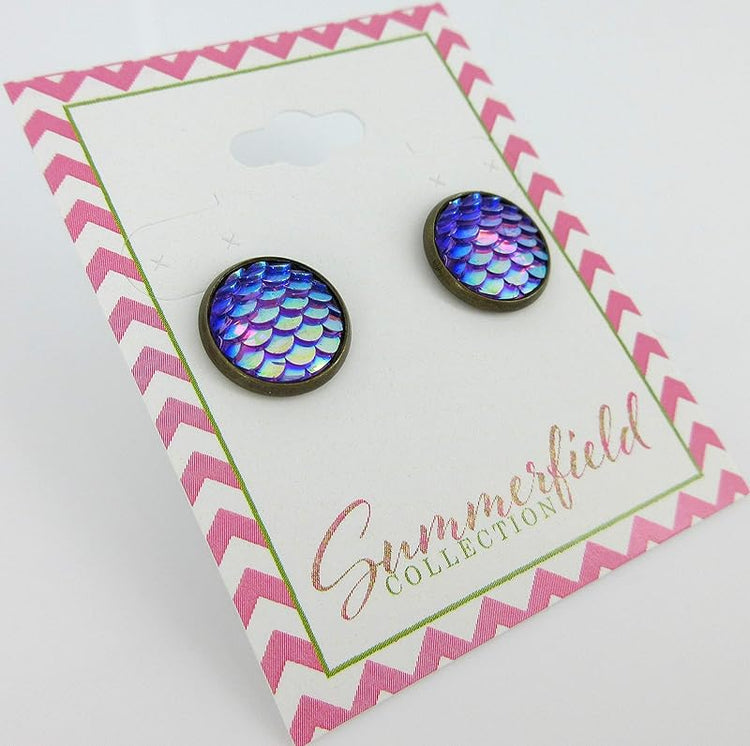 Summerfield Collection Antiqued Gold-tone Metallic Mermaid Scale Stud Earrings 12mm (Purple/Blue AB)