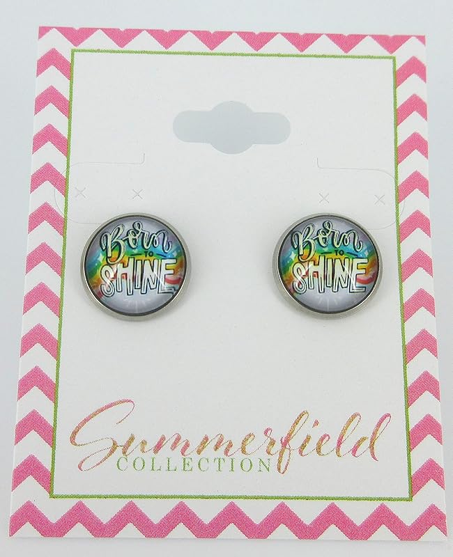 Summerfield Collection Stainless Steel Born to Shine Rainbow Print Glass Stud Earrings 12mm
