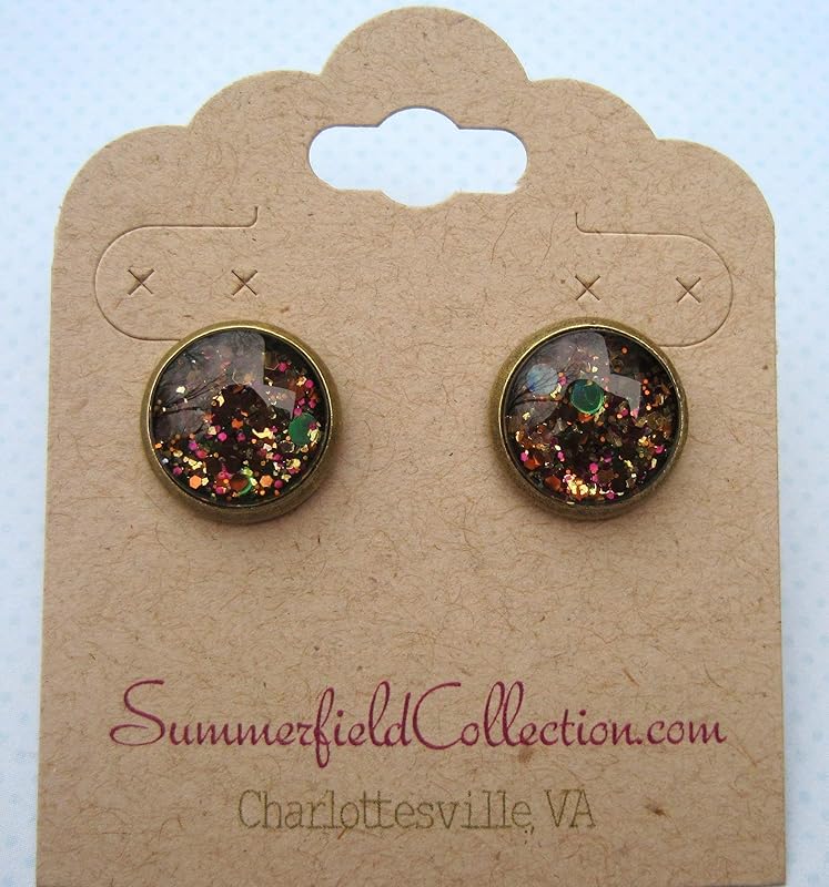 Summerfield Collection Antiqued Gold-Tone Brown Green Black Glitter Glass Stud Earrings 1/2" Round