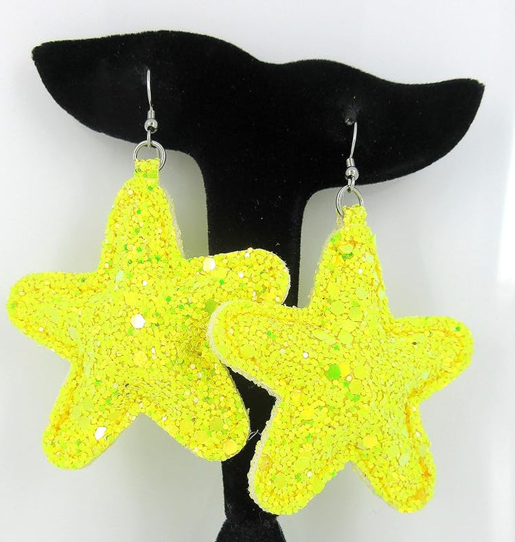 Summerfield Collection Stainless Steel Pastel Glitter Faux Leather Large Puffy Star Dangle Earrings (Bold Yellow)