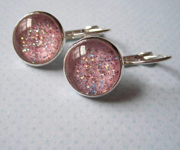Summerfield Collection Silver-tone Pink Glitter Glass Galaxy Drop Earrings Leverback Hand-painted