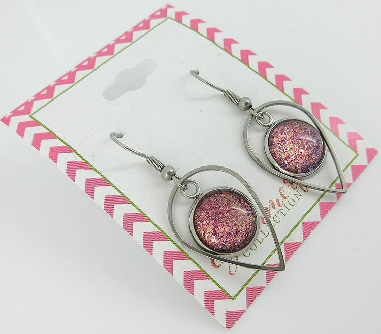 Summerfield Collection Stainless Steel Purple and Pink Glitter Flake Glass Charm Dangle Earrings Handpainted