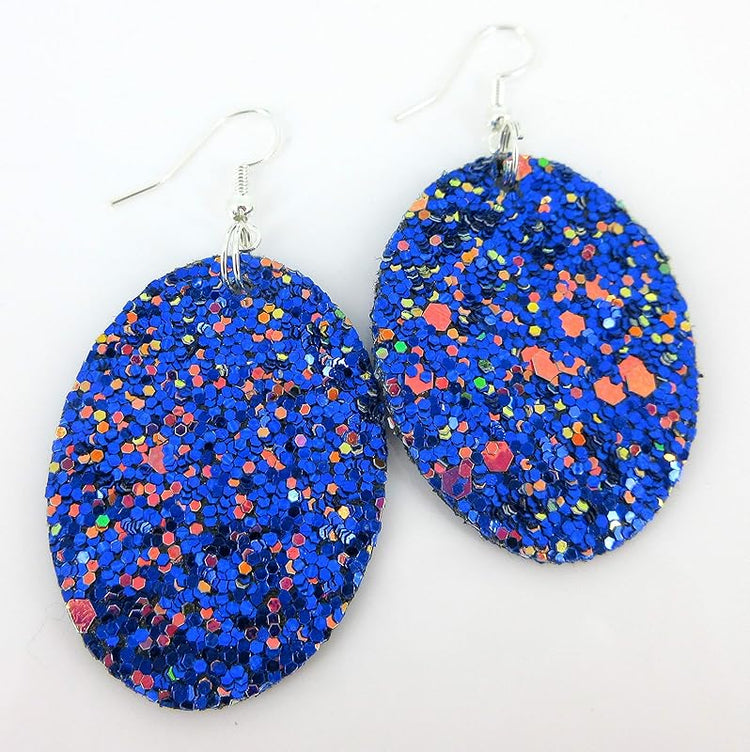 Summerfield Collection Silver-tone Glitter Faux Leather Oval Dangle Earrings (Blue w/Pink and Black)
