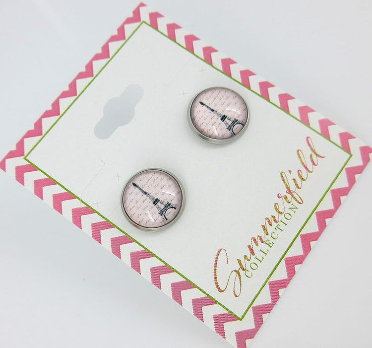 Summerfield Collection Stainless Steel Eiffel Tower Print Glass Stud Earrings 12mm Pink Black