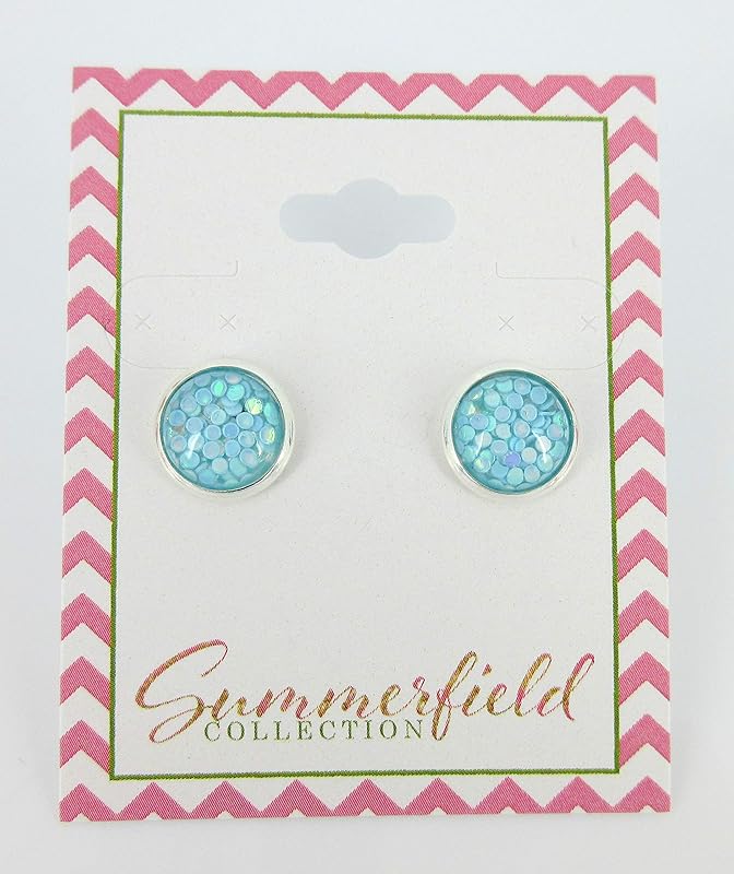 Summerfield Collection Shiny Silver-tone Iridescent Glitter Resin Stud Earrings 10mm (Sky Blue)