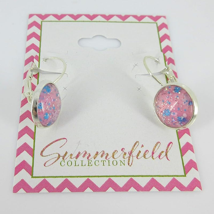Summerfield Collection Silver-tone Pink Glitter Glass Galaxy Drop Earrings Leverback Hand-painted