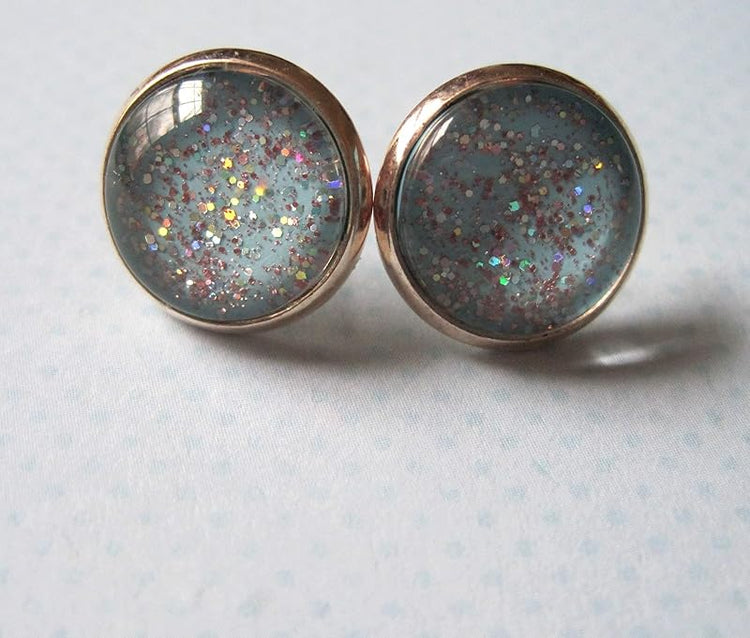 Summerfield Collection Glitter Glass Rose Gold-Tone Galaxy Stud Earrings Blue Sky Iridescent