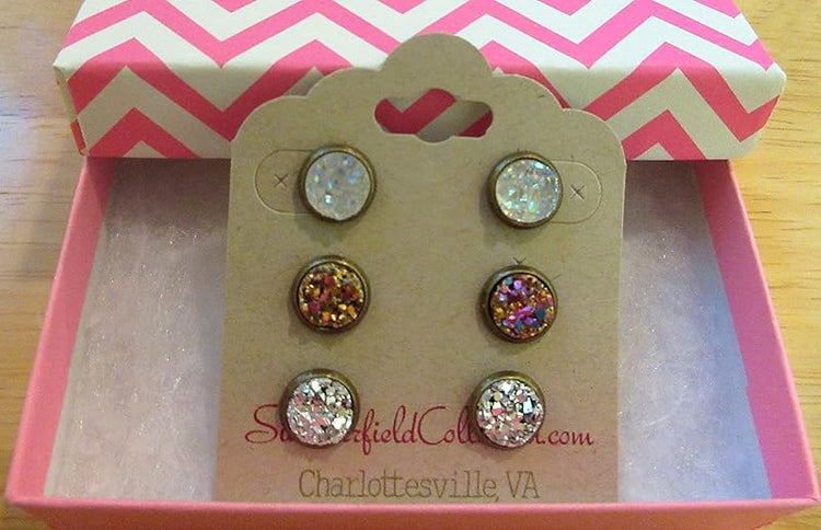 Summerfield Collection Trio Antiqued Gold-tone Stud Earrings 8mm Faux Druzy Stone Set (Clear AB/Silver/Gold Pink)