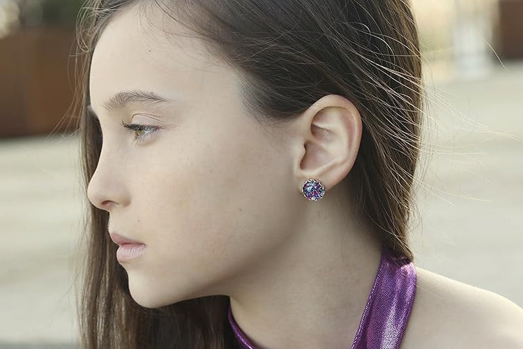 Summerfield Collection Stainless Steel Aqua Blue Pink and Purple Glitter Glass Stud Earrings Hand-painted 12mm