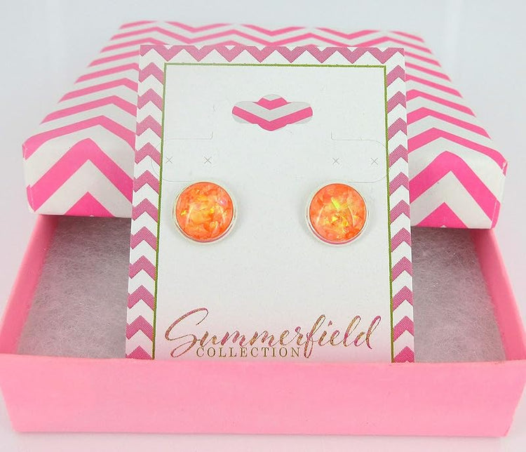 Summerfield Collection Shiny Silver-tone Opalescent Leaf Resin Stud Earrings 10mm (Orange)