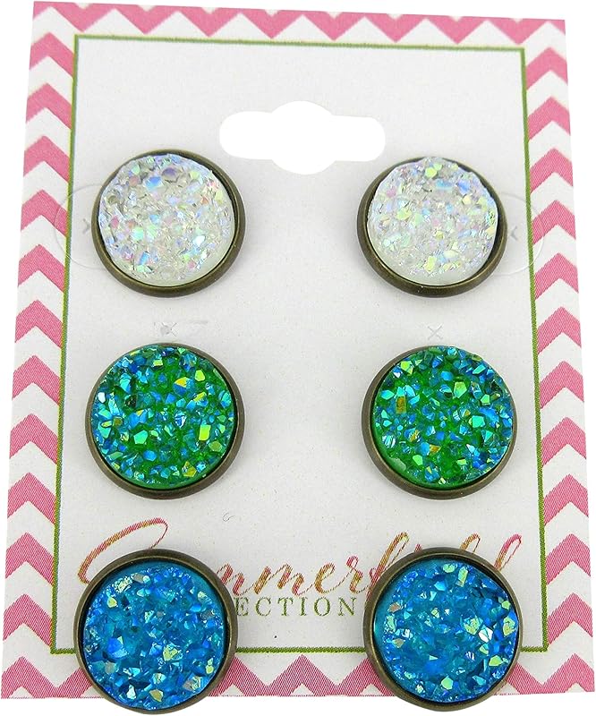 Summerfield Collection Trio Antiqued Gold-tone Stud Earrings Faux Druzy Stone Clear AB Sea Blue Green Set 12mm