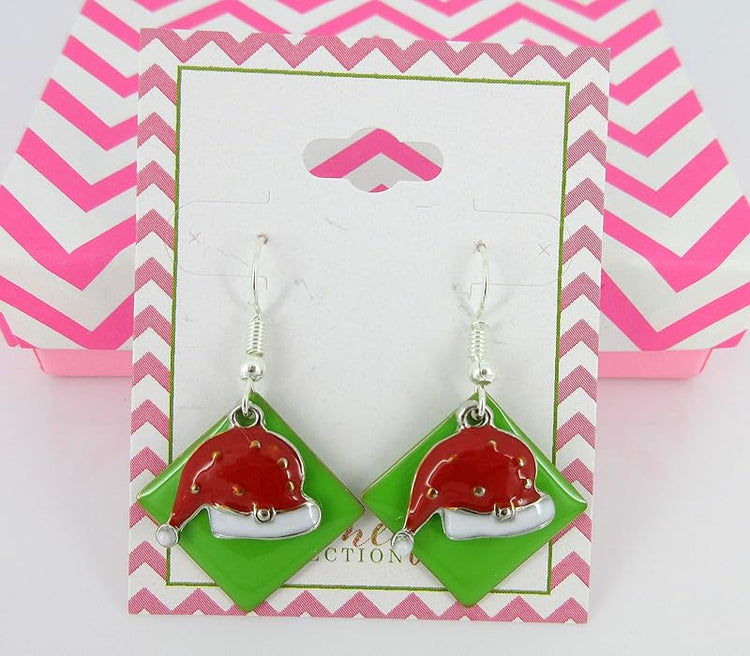 Summerfield Collection Silver-tone Green Enamel Santa Hat Charm Dangle Earrings