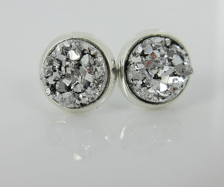 Summerfield Collection Silver-tone Metallic Faux Druzy Stone Stud Earrings 8mm (Silver)