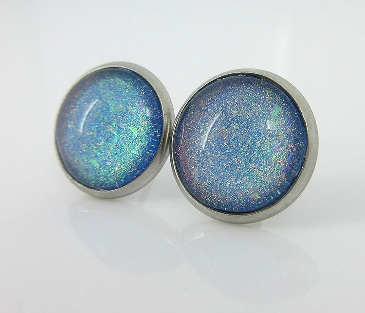 Summerfield Collection Stainless Steel Sky Blue and Rainbow Glitter Flake Glass Stud Earrings Hand-painted (12mm)