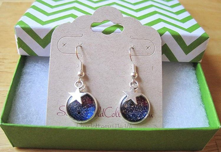 Summerfield Collection Silver-tone Glitter Glass Star Charm Galaxy Dangle Earrings Blue Purple Teal Hand-painted