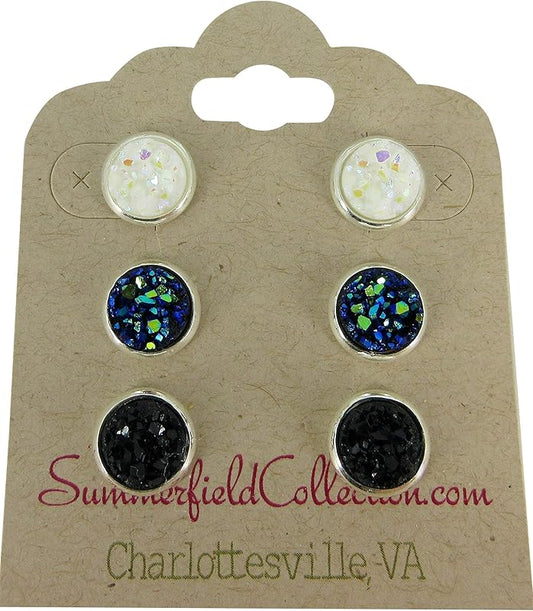 Summerfield Collection Trio Silver-tone Stud Earrings 8mm Faux Druzy Stone Set (White AB/Blue/Black)