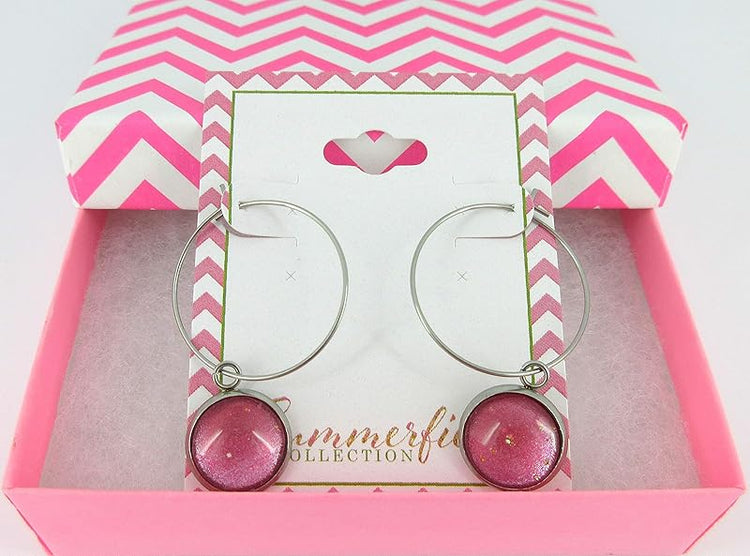 Summerfield Collection Stainless Steel Pink and Silver Glitter Glass Charm Hoop Earrings Hand-painted 1"