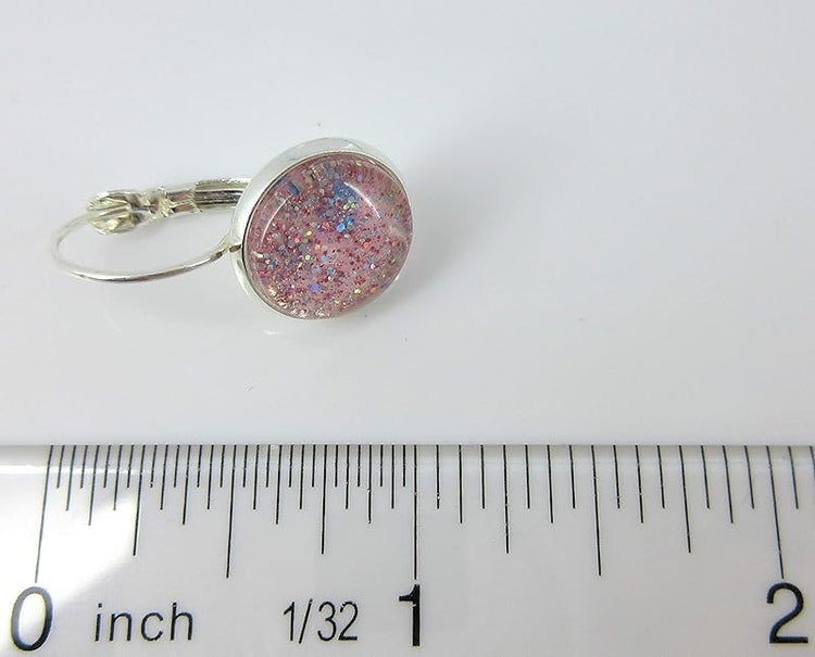 Summerfield Collection Silver-tone Pink Glitter Glass Galaxy Drop Earrings Leverback Hand-painted