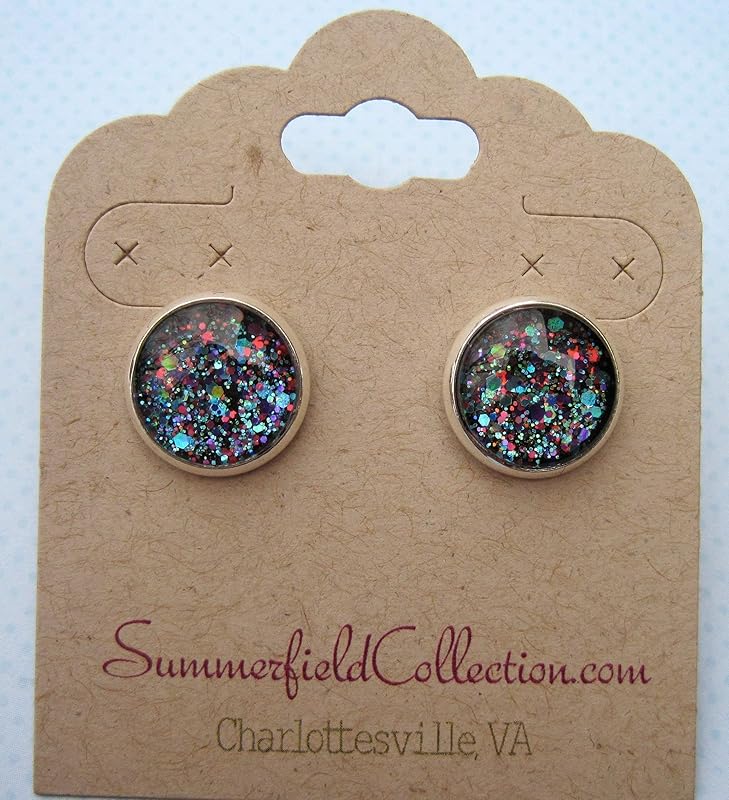Summerfield Collection Silver-tone Blue Purple Pink Glitter Glass Stud Earrings 12mm Hand-painted