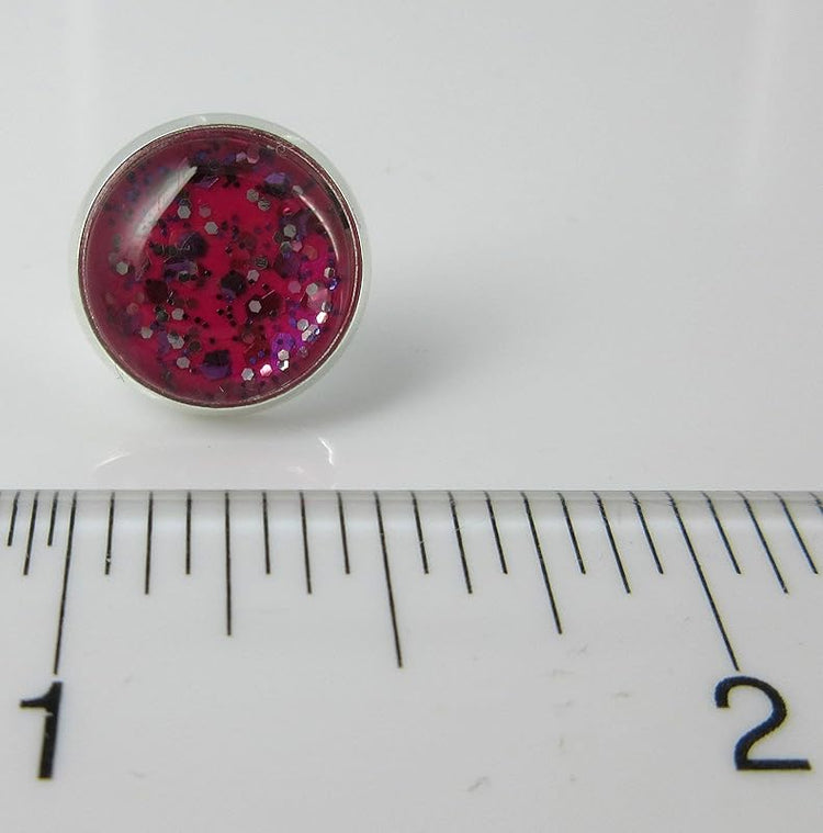 Summerfield Collection Silver-tone Fuchsia Pink and Purple Glitter Glass Stud Earrings Hand-painted 12mm