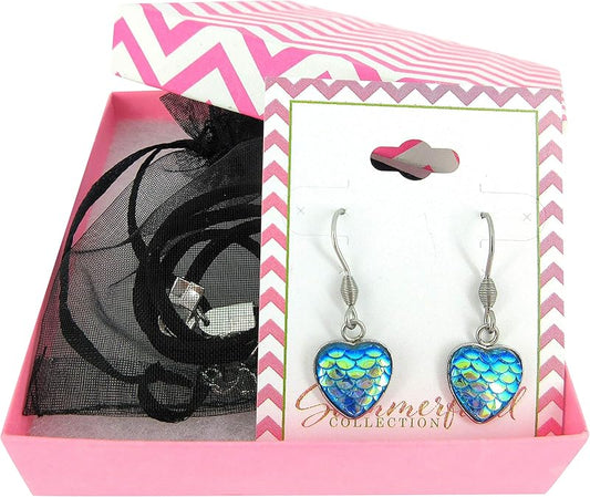Summerfield Collection Mermaid Heart Choker Necklace Faux Black Suede Cord Dangle Earrings Set (Blue)
