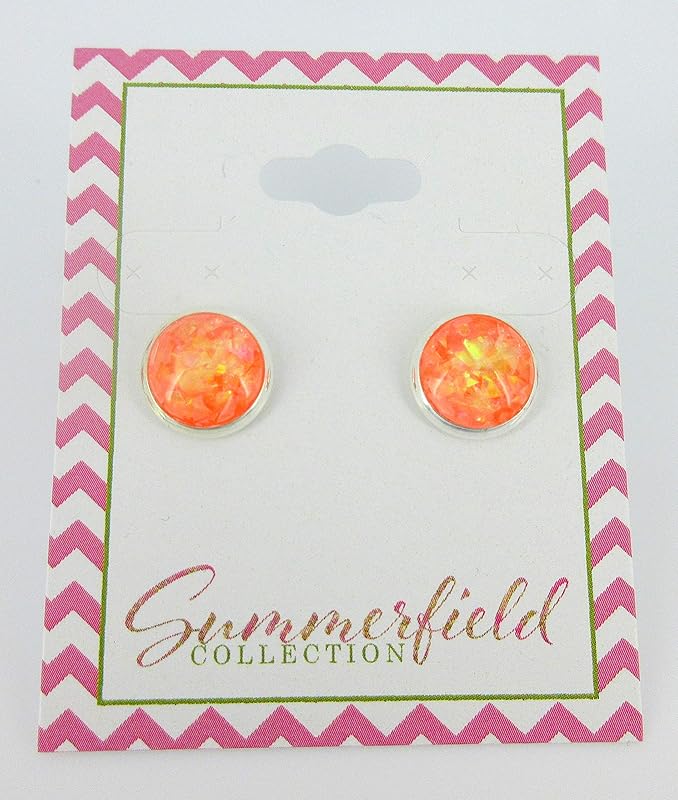 Summerfield Collection Shiny Silver-tone Opalescent Leaf Resin Stud Earrings 10mm (Orange)