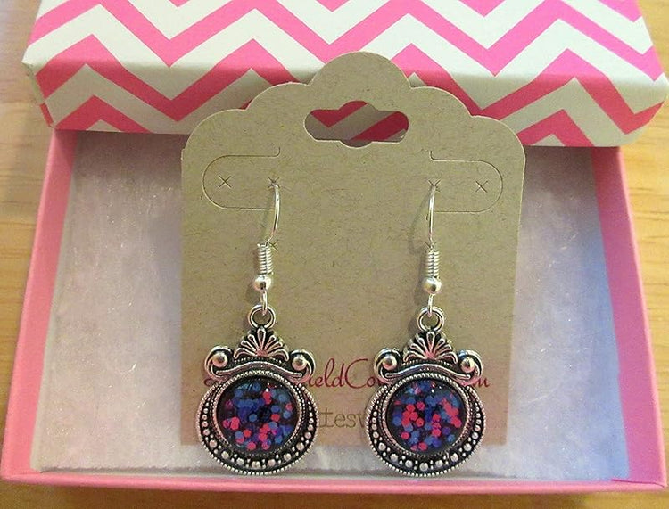 Summerfield Collection Antiqued Silver-tone Blue Purple Pink Chunky Glitter Glass Dangle Earrings Hand-painted