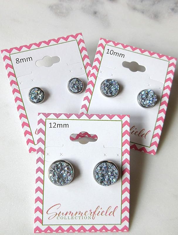 Summerfield Collection Stainless Steel Frost Blue Gray AB Glitter Faux Druzy Stone Stud Earrings (10mm)