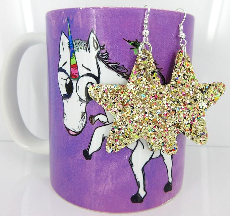 Summerfield Collection Glitter Faux Leather Large Star Dangle Earrings (Gold and Rainbow)