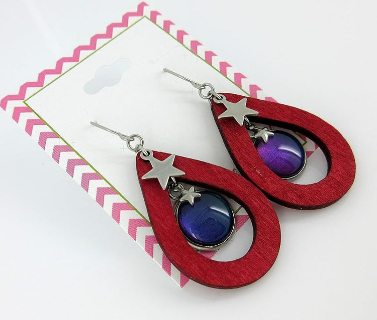 Summerfield Collection Stainless Steel Patriotic Glass Star Charm Teardrop Wood Dangle Earrings Hand-painted