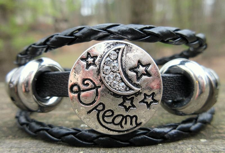 Summerfield Collection Interchangeable Snap Bracelet 3 Charm Set Blue Galaxy Glitter Glass Black Layered Leather