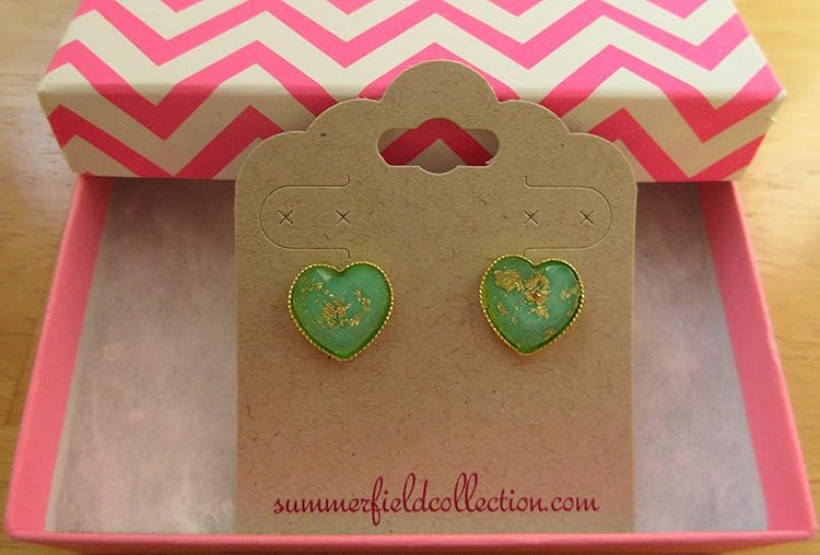 Summerfield Collection Gold-tone Heart Shaped Faceted Resin Leaf Foil Stud Earrings 12mm (Mint Green)