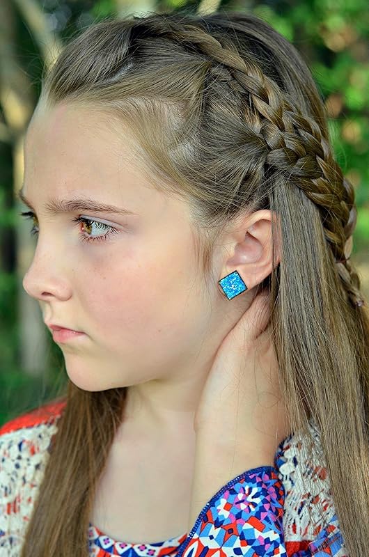 Summerfield Collection Geometric Square Shaped Flat Faux Druzy Stud Earrings 12mm Statement Antiqued Gold-tone (Royal Blue)
