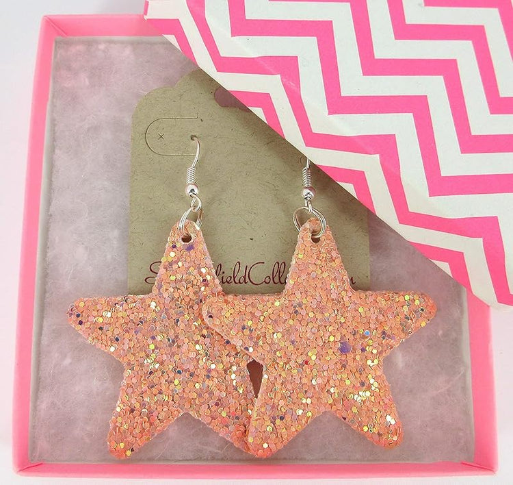 Summerfield Collection Glitter Faux Leather Large Star Dangle Earrings (Pink)