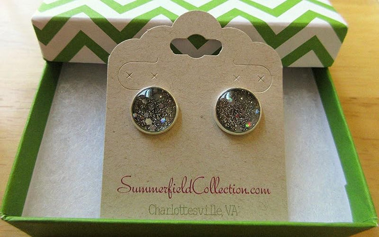 Summerfield Collection Silver-tone Black Holographic Glitter Glass Galaxy Stud Earrings Hand-painted 12mm