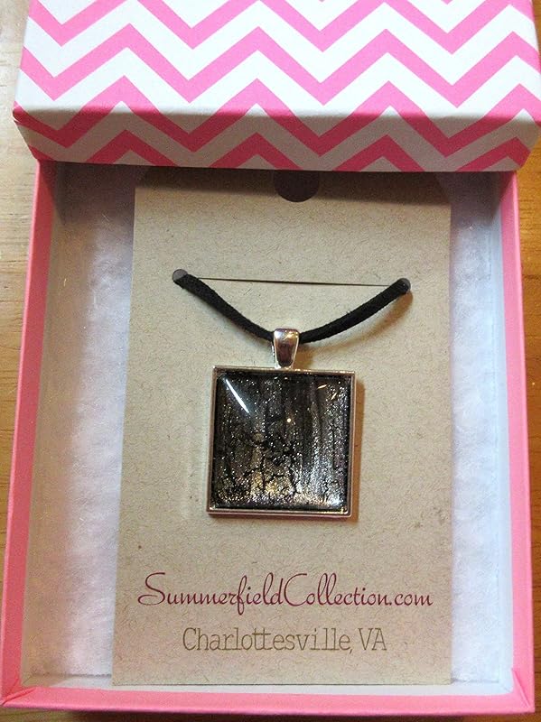 Summerfield Collection Silver-tone Black Shattered Shimmer Glass Square Pendant Necklace Faux Suede Cord Hand-painted