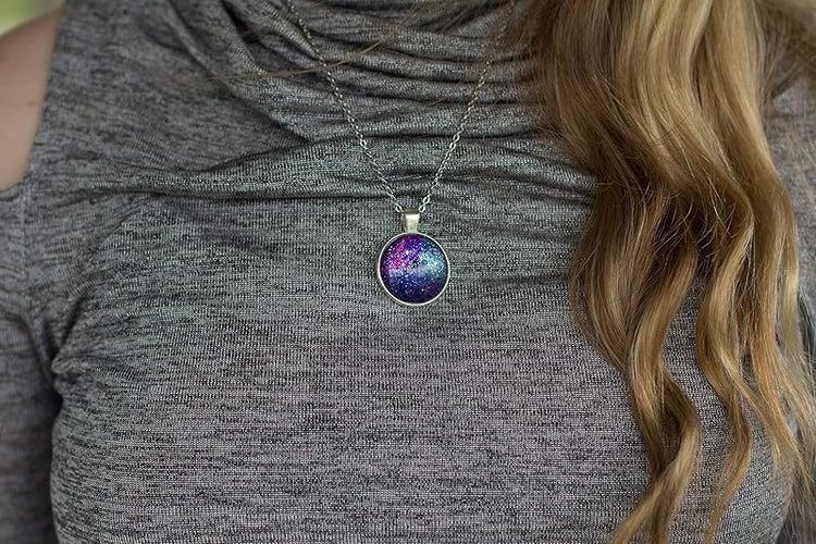 Summerfield Collection Silver-tone Hand-painted Glitter Glass Galaxy Pendant Necklace 20" Chain Stainless Steel