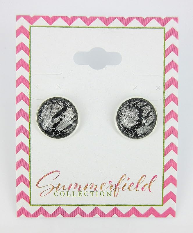 Summerfield Collection Silver-tone Black Shattered Glitter Glass Stud Earrings Hand-painted 12mm