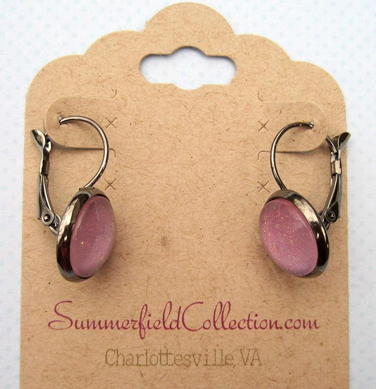 Summerfield Collection Hematite-Tone Lilac Purple Glitter Glass Lever-back Drop Galaxy Earrings Hand-painted